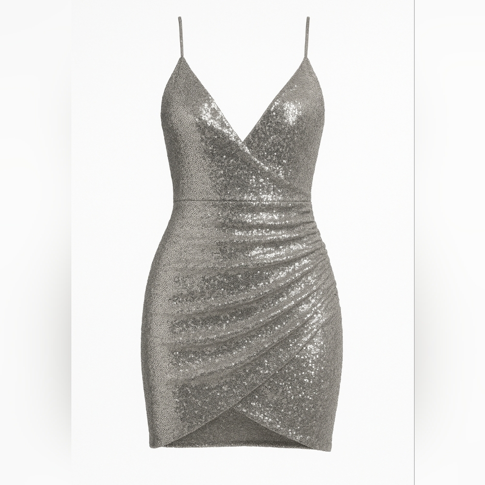 Victoria Sophia Silver Sequin Dress NYE Medium M New Years Eve Botique Ruched